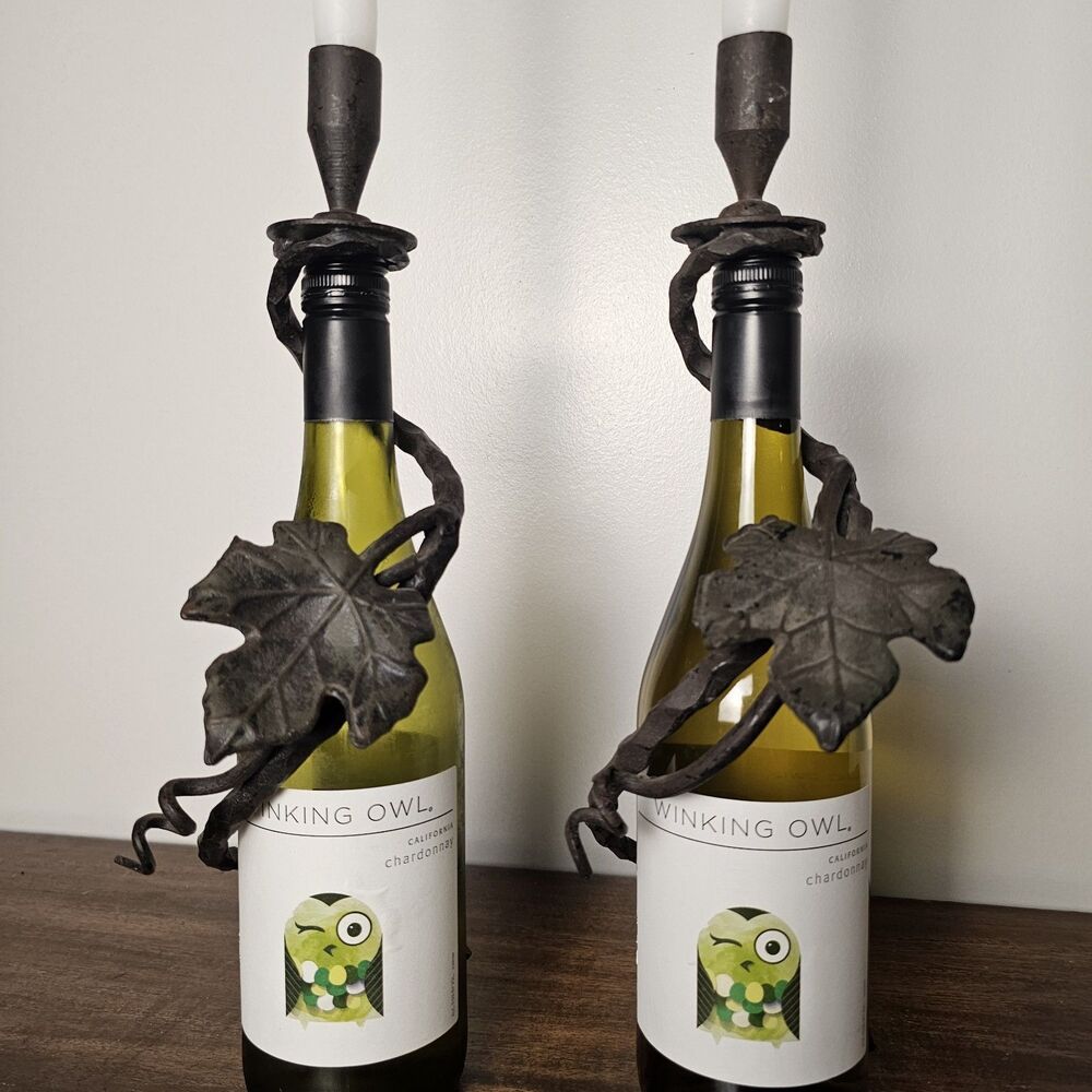 Pair of Bella Toscana Wrought Iron Wine Bottle Candle Holders – Grapevine Design